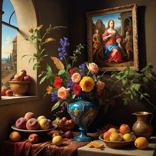 Prompt: (artstyle-renaissance), vibrant color scheme, (museum quality), detailed still life, dynamic composition, ethereal light, playful shadows, lively textures, vivid contrasts, enchanting ambiance, captivating depth, rich historical references, emotional realism, evocative mood, (kinetic movement), illusion of grandeur, dramatic forms, harmony and chaos intertwined.