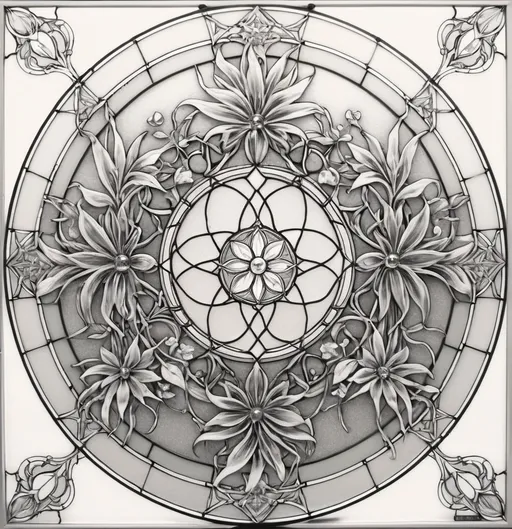 Prompt: A Seven Wonders Art Glass Studio (SWAGS) stained glass window design with a vining flower design in it's center and a diamond pattern in the middle, Alison Kinnaird, arts and crafts movement, intricate line drawings, a detailed drawing.  Honoring the Goddess Nuit.