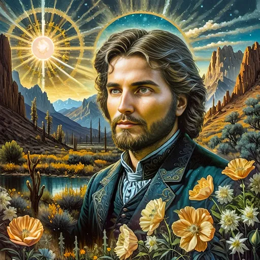 Prompt: A Seven Wonders Art Glass Studio portrait oil painting of a man with a beard in middle of Mojave Desert peak Poppy bloom season. Honoring Nuit