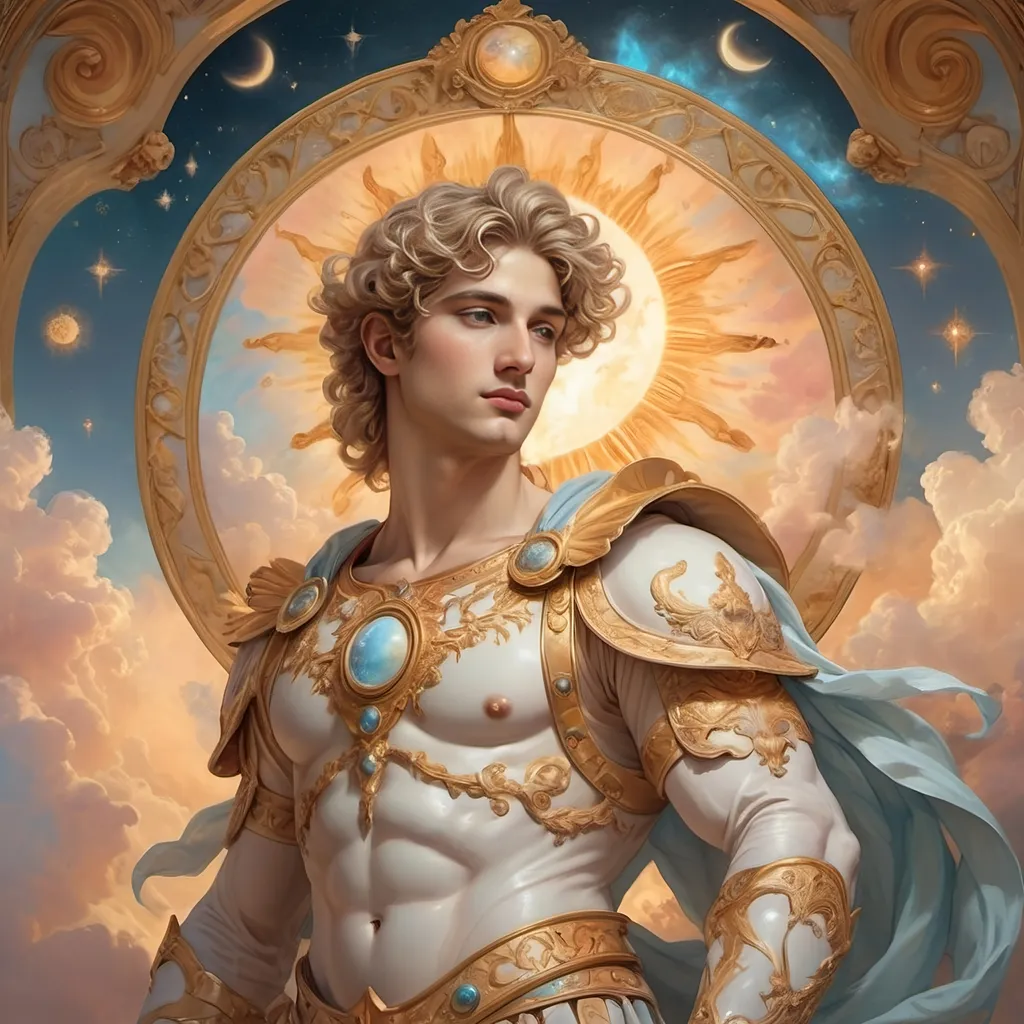 Prompt: (artstyle-renaissance), (pastel color scheme), enchanting carousel portrait of Apollo, radiant warmth of the sun, celestial and dynamic magic, influences of Nuit and Hadit, ethereal background with soft clouds and golden hues, serene yet powerful ambiance, intricate details in facial features and clothing, ultra-detailed and harmonious composition, captivating blend of mythology and cosmic energy.