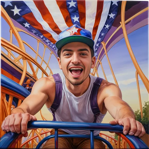 Prompt: A Seven Wonders Art Glass Studio masterpiece painting of a man in a patriotic hat riding Freedom rollercoaster in D. C.’s new amusement park named Freedom Park.  Honoring Nuit.