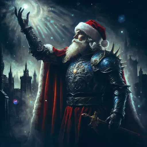 Prompt: (Edgy) oil painting of a knight dressed as Santa Claus (in honor of Nuit), dynamic vibrant colors, dark city background illuminated by a glowing light, flowing red cape, whimsical and surrealistic vibe, imaginative playfulness, influences of Ernest William Christmas, epic fantasy character art, vibrant psychedelic style, ultra-detailed texture, concept art composition, high-quality masterpiece, artistic themes of juxtaposition, drama, and enchantment.