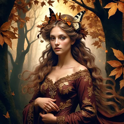 Prompt: (Honoring Nuit, Autumn Equinox), (Renaissance style), woman depicted as nature, flowing dress, butterfly in hair, rich and dark color palette, lush foliage backdrop, mood of serenity and mystery, intricate details in hair and dress, soft chiaroscuro lighting, evocative atmosphere, ultra-detailed, masterful composition, capturing the essence of autumn transition.