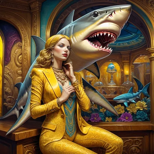 Prompt: a 7 Wonders Art Glass Studio oil painted masterpiece of a shark in a yellow suit with a shark head on his head and a casino in background fantastic realism, loftis, a fine art painting.  Honors the Goddess Nuit.