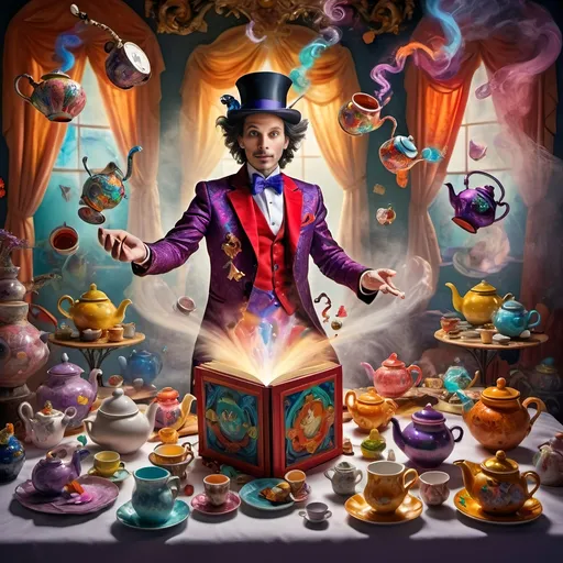 Prompt: (Still life portrait) of a (magician jack-in-the-box man), surrounded by (vibrant teapots) and enchanting magical items bursting to life at a whimsical tea party, open book in front, (psychedelic art style), radiant colors, swirling patterns, vivid details, enchanting atmosphere, imaginative composition, honeyed lighting, intriguing objects, high definition, ultra-detailed.