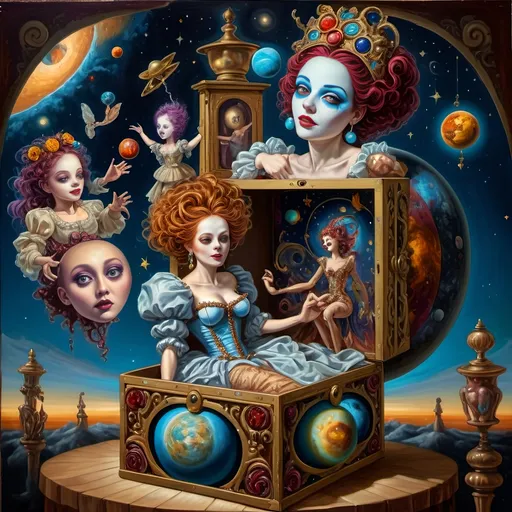 Prompt: (oil painting) a stunning masterpiece, (Renaissance), surreal depiction of the Goddess Nuit represented by a Jack-in-the-Box, intricately dressed, emerging from a beautifully designed box, (cosmic themes) sewing the seeds of the universe, embellishing the scene with vibrant planets and celestial bodies, breathtaking colors, whimsical atmosphere, elaborate details, ultra-detailed, 4K quality.