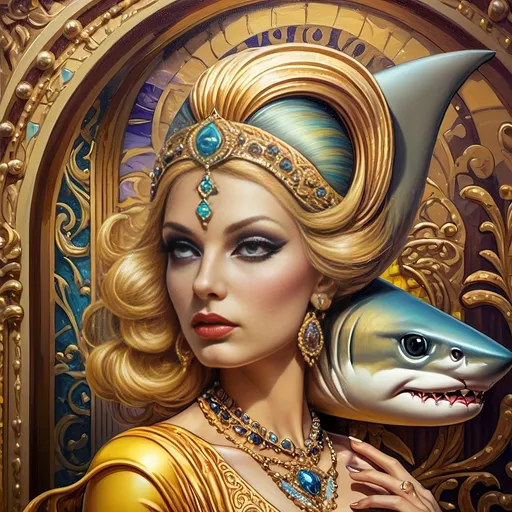 Prompt: (7 Wonders Art Glass Studio), oil painting, (masterpiece), a shark in a bright yellow suit, a shark head atop, a detailed casino background, (fantastic realism), elegant brushwork, rich textures, luminous colors, dynamic composition, honoring the Goddess Nuit, (highly detailed), atmospheric, intricate lighting, mood of opulence and creativity.