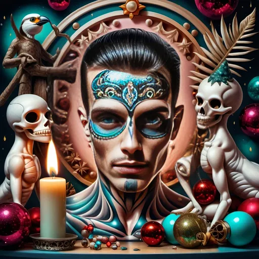 Prompt: (nutcracker), (candle and candle holder), surrounded by (Christmas decorations), (psychedelic art style), (vibrant color scheme), (extremely detailed), (oil painting), (airbrush painting), inspired by (Anne Stokes), (pop surrealism), dynamic patterns and textures, warm and festive ambiance, high-quality artistry, rich hues melding into each other, whimsical elements drawing viewers in, enchanting holiday spirit, magical atmosphere.