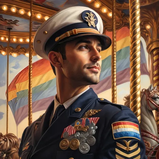 Prompt: (A masterpiece oil painting) of a man in (military uniform), riding the (Carousel of Heroes), vibrant colors highlighting the ornate design of the carousel. The scene is filled with a (nostalgic atmosphere), paying homage to (veterans and active military). Whispering elements of (honor) and (courage) are present, with artistic flourishes emphasizing the essence of (Nuit). The overall feel is (dramatic) and uplifting, portraying both valor and beauty in high definition.