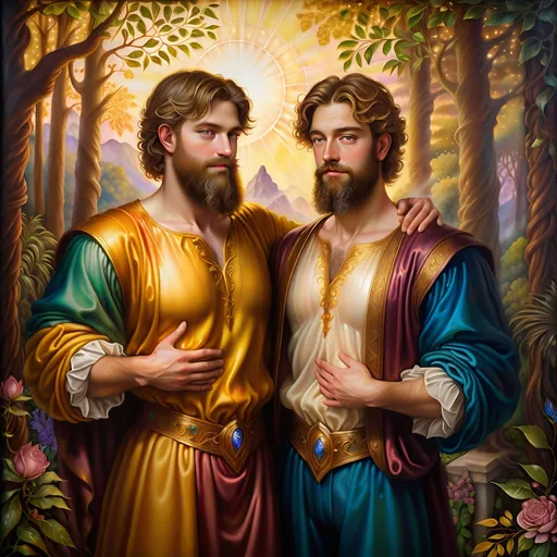 Prompt: (Seven Wonders Art Glass Studio) commissioned portrait, (oil on canvas), Renaissance Era painting, two male husbands celebrating wedding anniversary, bearded and chest-haired, honoring Nuit, mystical and esoteric scenery, atmospheric with soft, warm hues, golden light filtering through trees, intricate details, lush background resembling Pan's Arcadia, nostalgic and enchanting vibe, high quality, (ultra-detailed).