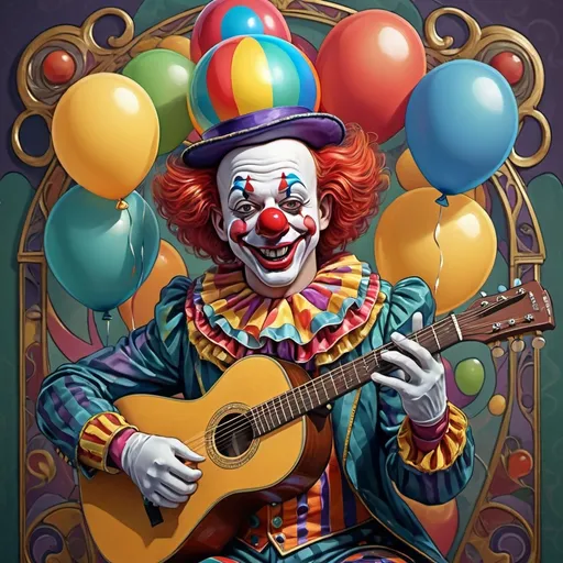 Prompt: (clown with a guitar and balloons on his head), (Art Nouveau style), (vibrant color scheme), highly detailed digital painting, (ultrafinest brushwork), wearing a flamboyant clown costume, expressive facial features, playful pose, intricately designed balloons, ornate background with flowing patterns, whimsical atmosphere, colorful accents, rich textures, (4K resolution), capturing the essence of joy and creativity.