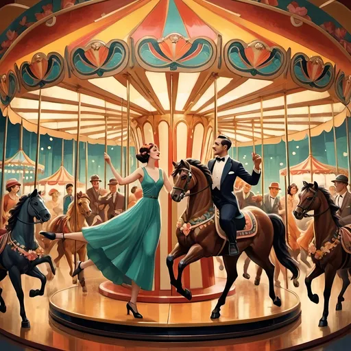 Prompt: (Art Deco style), vibrant color scheme, (Carousel of Humanity), portrait of compassion, humor and joy, human figures sharing moments of kindness, intricate patterns, geometric shapes, harmonious design, warm bright tones, petals and floral intricacies, dynamic movement, evocative atmosphere, ultra-detailed, cinematic masterpiece, expressive composition.