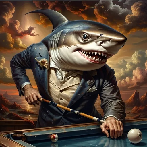 Prompt: (shark in a suit playing pool), (pool cue and ball in front), F. Scott Hess style, pop surrealism, classical painting, (younger and bolder color tones), (highly detailed), dreamy ambiance, intricate textures and reflections, juxtaposition of elegance and playfulness, fine art masterpiece, inspired by 7 Wonders Art Glass Studio, honoring Nuit, ultra-detailed, 4K.