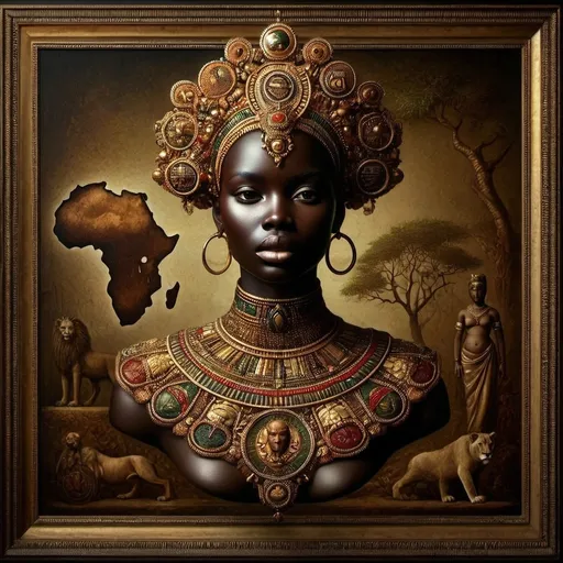 Prompt: (Chinwe Chukwuogo-Roy inspired), highly detailed digital painting, afrofuturism elements, a woman wearing an ornate headpiece, a majestic lion juxtaposed with her face, vibrant colors blending harmoniously, intricate patterns in the background, a detailed map of Africa framed behind, ethereal ambiance, captivating and symbolic, ultra-detailed, fine art masterpiece, evocative and sophisticated atmosphere.