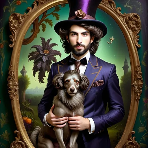 Prompt: (honoring Nuit), moon and stars) captivating handsome man magician, pointed witch hat, facial features highlighted, elegant beard, (renaissance baroque painting style), dark mystical background, rich deep colors with dramatic contrast, elements of Halloween celebration in still life arrangement, enigmatic ambiance, intricate shadows and light, (highly detailed), evoking intrigue and enchantment.