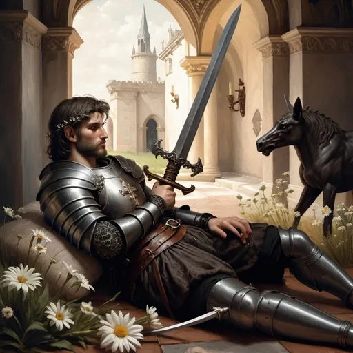 Prompt: Renaissance painting of a (knight laying on the ground), gripping a (sword in hand), surrounded by (daisies in the foreground), characterized by (misc-macabre style), (dark color scheme), inspired by (Anne Stokes), (fantasy art), (storybook illustration), moody ambiance, vibrant detailed textures, (ultra-detailed), dramatic shadows, rich depth, a hauntingly beautiful scene.