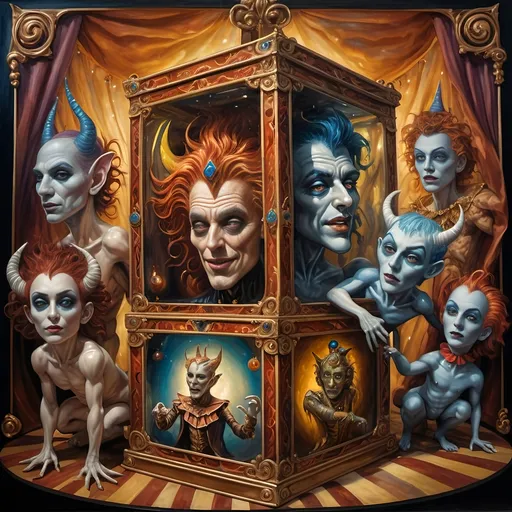 Prompt: (7 Wonders Art Glass Studio), (oil painting), demons as jack-in-the-boxes, circus setting, (highly detailed), (ultra-fine details), esoteric ambiance, dark and mysterious atmosphere, surreal colors, intricate textures, curiosity sparks, vivid contrasting shadows, ethereal lighting, artistically whimsical exhibits, hauntingly beautiful, capturing the essence of Nuit.