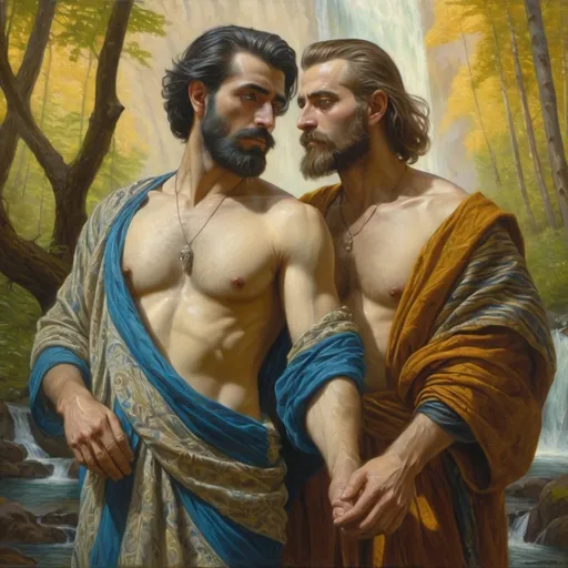 Prompt: a painting of two men in a forest with a waterfall in the background and a man with a beard, Donato Giancola, qajar art, classical painting, a painting