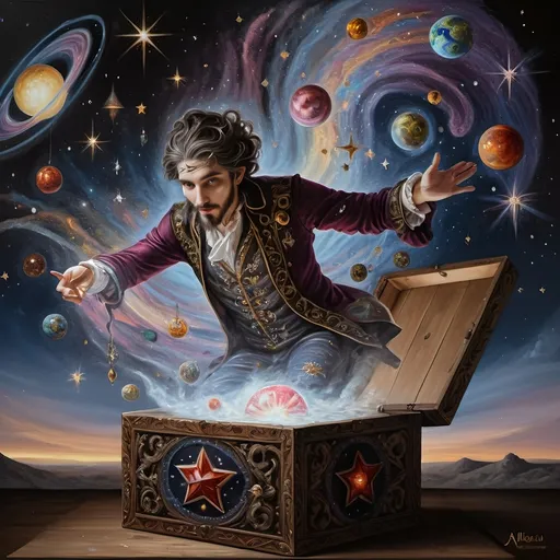 Prompt: (Renaissance oil painting), a stunning masterpiece capturing the essence of the Goddess Nuit, a whimsical Jack-in-the-Box emerging in ornate attire, sewing the seeds of the universe, planets swirling around, vibrant cosmic colors illuminating the canvas, intricate details, rich textures, playful yet profound ambiance, 4K ultra-detailed, an extraordinary blend of mythology and creativity celebrating the act of creation in a mystical setting.