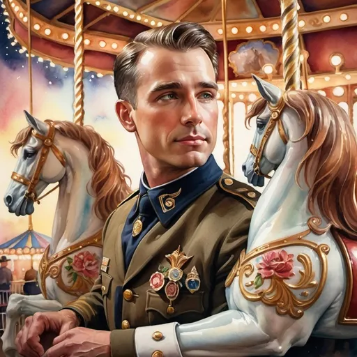 Prompt: (watercolor painting) of a (man in uniform) next to a majestic (horse), set against a whimsical (carousel in the background) illuminated by vibrant lights, inspired by (Edwin Georgi) with influences of (T. Kinkade), showcasing the beauty of an enchanting (American scene), featuring warm, inviting colors, dreamy atmosphere, and intricate details, ultra-detailed, captivating art piece, nostalgic charm.