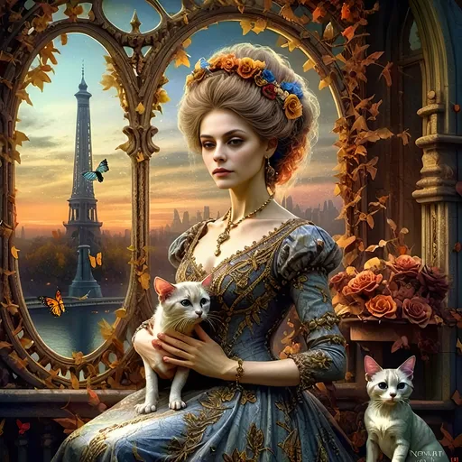 Prompt: (Honoring Nuit, Autumn Equinox), (Renaissance style), woman depicted as nature, flowing dress, butterfly in hair, rich and dark color palette, lush foliage backdrop, mood of serenity and mystery, intricate details in hair and dress, soft chiaroscuro lighting, evocative atmosphere, ultra-detailed, masterful composition, capturing the essence of autumn transition.