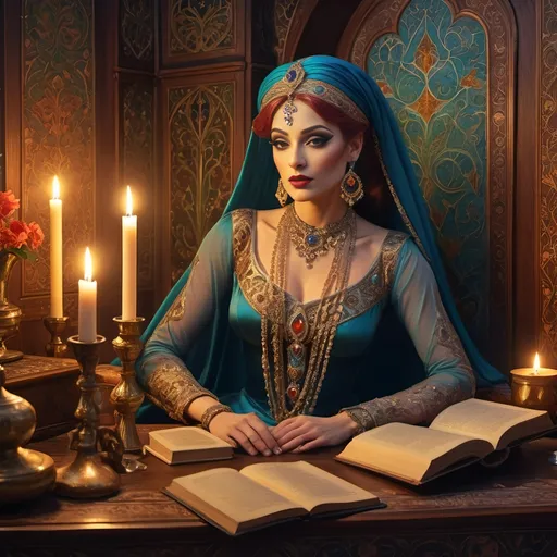 Prompt: (Altoon Sultan inspired art), (Qajar style), (Elegant Art Nouveau), a thoughtful genie drag queen with a beard, seated gracefully at a beautifully crafted wooden table, intricately detailed, an ancient book lying open, a flickering candle casting warm light, enchanting atmosphere, dreamy ambiance, vivid and rich colors, high detail, 4K, exquisite textures, an air of mystery and depth.