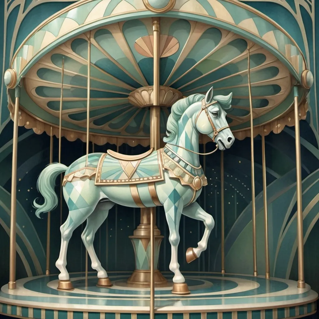 Prompt: (Artwork in Art Deco style), carousel adorned with intricate geometric patterns, clown depicting peaceful serenity, calm expression, soft, muted blues and greens creating a cool color scheme, whimsical yet elegant design, detailed background featuring subtle art deco elements, ethereal atmosphere of contentment, ultra-detailed and high quality image.