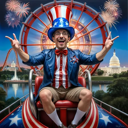 Prompt: (A Seven Wonders Art Glass Studio masterpiece) painting of a man wearing a patriotic hat, (thrilling pose) riding the Freedom rollercoaster, (vibrant colors), scenic background of Freedom Park in D.C., (dynamic movement), celebrating freedom, eternal spark of joy, whimsical ambiance, soft warm lighting, highly detailed, clarity, engaging and joyful atmosphere, surrounded by delighted visitors, landmarks in the distance.