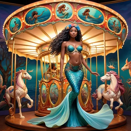 Prompt: ((art nouveau style)), (vibrant color scheme), African American  mermaid standing gracefully, illuminated carousel beside her, intricate details, whimsical atmosphere, enchanting expressions, with a larger carousel in the background, influenced by ethereal and magical vibe, ultra-detailed painting, captivating fantasy artwork, immersive scene, dreamlike ambience.