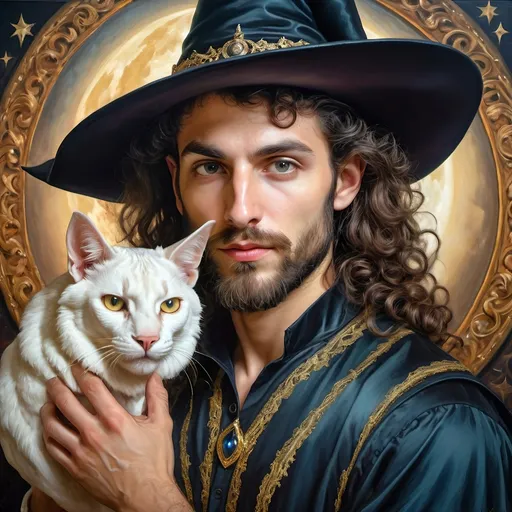 Prompt: (honoring Nuit), moon and stars) captivating handsome man magician, pointed witch hat, facial features highlighted, elegant beard, (renaissance baroque painting style), dark mystical background, rich deep colors with dramatic contrast, elements of Halloween celebration in still life arrangement, enigmatic ambiance, intricate shadows and light, (highly detailed), evoking intrigue and enchantment.