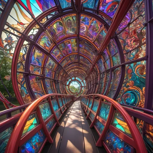 Prompt: (psychedelic art style), magicians riding a roller coaster, vibrant color scheme, enchanting whimsy, sparkle of surprise photos, intricate fine details, fantastical amusement park "Liberty Park" in D.C., dazzling stained glass coaster reflecting light, swirling patterns, immersive dreamlike experience, fantastical scenery around, high energy, ultra-detailed, 4K quality, radiant colors, magical ambiance.