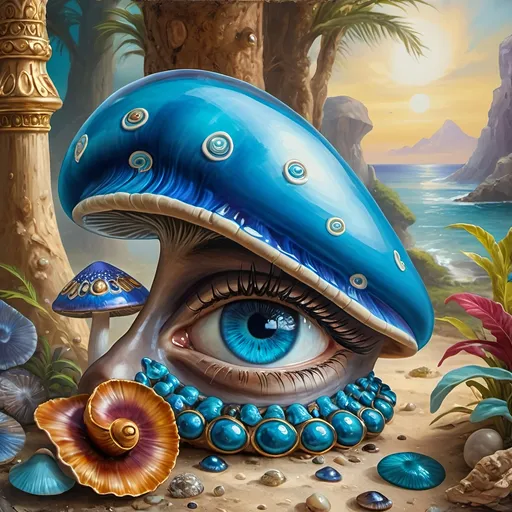 Prompt: (7 Wonders Art Glass Studio masterpiece oil painting), a magical mushroom, blue shell, blue eye (Eye of Horus), enchanting atmosphere, vibrant colors, surreal details, whimsical elements, mystical background, soft lighting, HD resolution, captivating composition, dreamlike surroundings, colorful expression, intricate textures, nature-inspired themes, rich artistic depth, alive with creativity.