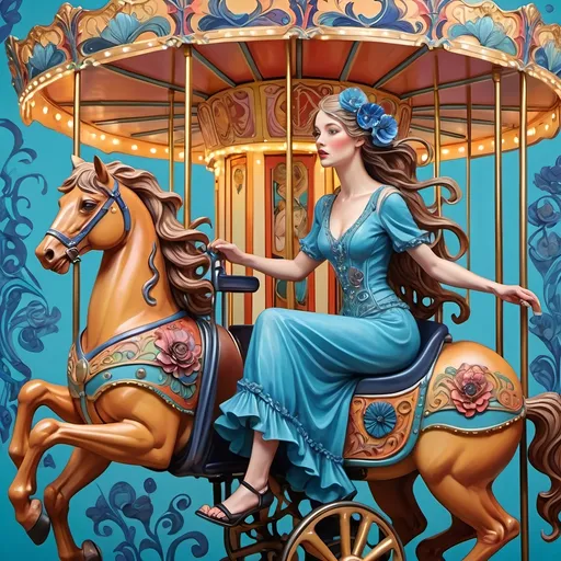 Prompt: Art Nouveau inspired (Carousel of Diversity), vibrant color scheme, a woman in a wheelchair joyfully riding a carousel adorned with horses, detailed figurative elements, blue flower in her hair, keys to a dystopian world, ornate patterns, fluid lines, brightly colored floral motifs, ultra-detailed, Caroline Chariot-Dayez inspired, captivating and whimsical atmosphere, rich textures, merging art deco and contemporary sculpture styles.