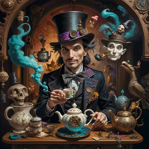 Prompt: (still life portrait), (psychedelic art style), (vibrant color scheme), a whimsical magician jack-in-the-box man, surrounded by enchanting teapots and magical items, captivating tea party scene, objects coming to life, an open book with mystical symbols, surreal and dreamlike atmosphere, vivid hues and intricate patterns, high-quality detail, a splash of imagination and wonder.