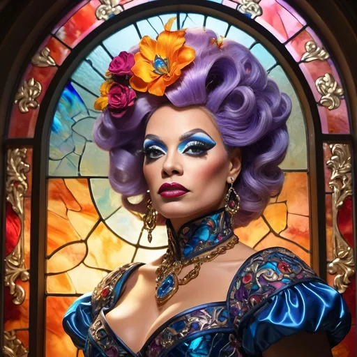 Prompt: (still life portrait), (stained glass artisan drag queen), (baroque style), highly detailed, brilliant colors, psychedelic patterns, intricate glass texture, warm lighting, decorative elements, ornate background, opulent ambiance, luxurious vibe, vivid contrast, ethereal atmosphere, artful composition, 4K quality, ultra-detailed, radiant reflections, artistic masterpiece.