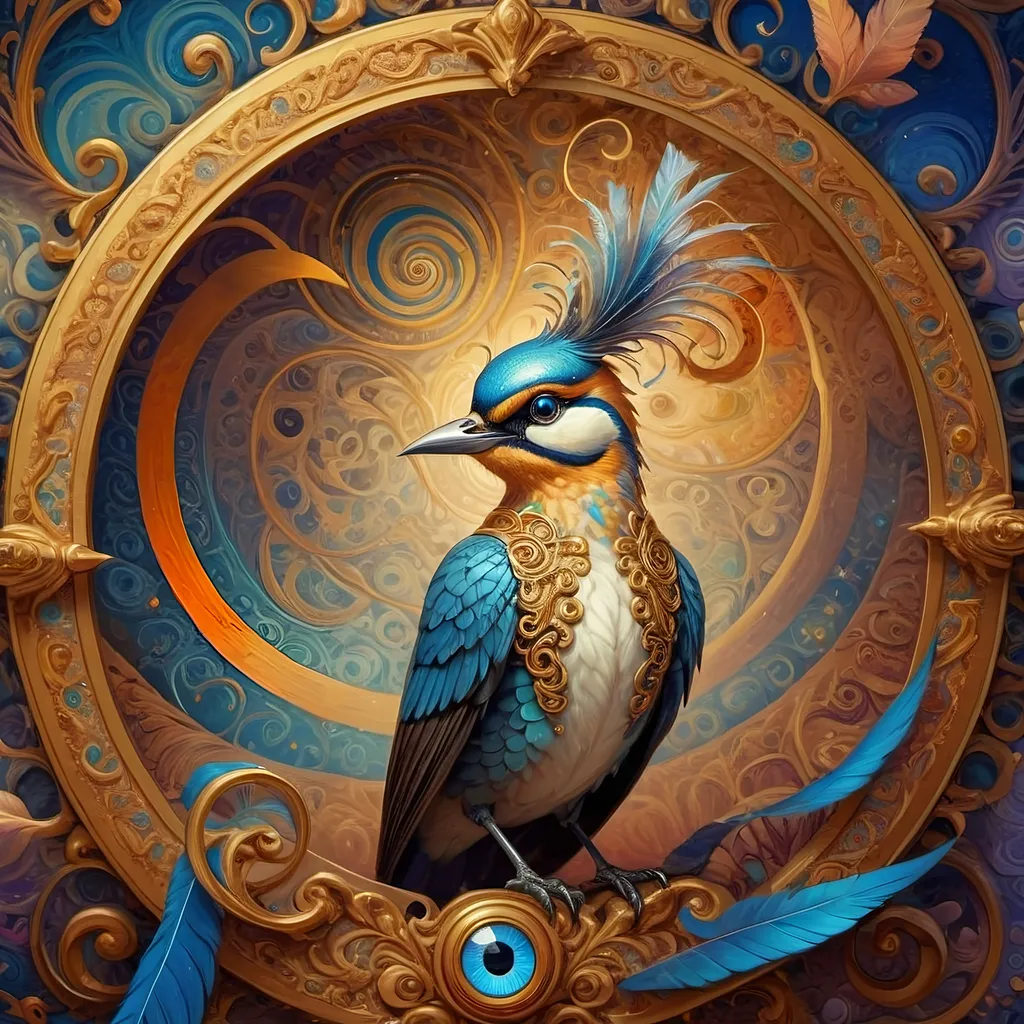 Prompt: a painting of a colorful bird with a circular background and a gold ring around it's neck and a blue eye, Android Jones, psychedelic art, highly detailed digital painting, a detailed painting