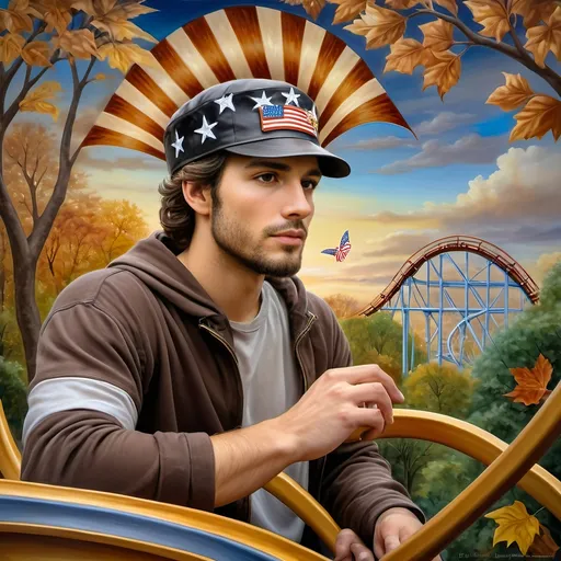 Prompt: A masterpiece painting by A Seven Wonders Art Glass Studio, (vibrant colors), depicting a man in a (patriotic hat) riding the (Freedom rollercoaster) in D.C.’s (new amusement park) named Freedom Park. The background features (dynamic amusement park rides), (lush greenery), and the spirit of (freedom) runs throughout. A symbolic homage to Nuit, with a (breathtaking sky) above, featuring (warm light) detailing and a victorious atmosphere, encapsulated in (ultra-detailed) art.