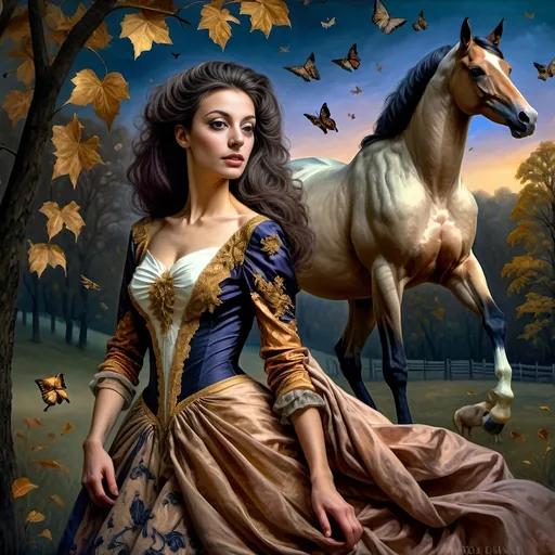 Prompt: (Honoring Nuit), highly detailed oil painting, thoroughbred horse, elegant posture, lush Kentucky farm, evening dusk setting, warm and vibrant hues, soft golden light reflecting off the horse’s coat, scenic rolling hills in the background, tranquil ambiance, serene atmosphere, ultra-detailed, masterpiece quality, evocative emotional tone, captivating and luminous sky blending soft pinks and deep purples, harmonious nature scene.