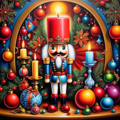 Prompt: (nutcracker), (candle and candle holder), surrounded by (Christmas decorations), (psychedelic art style), (vibrant color scheme), (extremely detailed), (oil painting), (airbrush painting), inspired by (Anne Stokes), (pop surrealism), dynamic patterns and textures, warm and festive ambiance, high-quality artistry, rich hues melding into each other, whimsical elements drawing viewers in, enchanting holiday spirit, magical atmosphere.