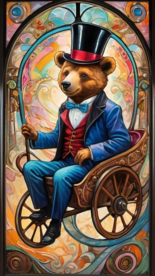 Prompt: Art nouveau painting of a (magician riding a cart shaped like a cub bear), vibrant color scheme, (hallucinogenic swirls) and (patterns), whimsical amusement park ambiance, (constructed from stained glass and porcelain), richly detailed textures, (dreamlike atmosphere), enchanting backdrop filled with colorful attractions, captivating light play, ultra-detailed, imaginative masterpiece.