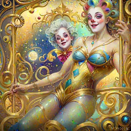 Prompt: Masterpiece painting of a magical clown genie, (surprised expression), riding a whimsical carousel adorned with vibrant colors and intricate details, soft shimmering lights illuminating the scene, (homage to Nuit), dreamy atmosphere, playful and enchanting mood, ultra-detailed, rich textures, surreal elements, background filled with shimmering stars and soft clouds, emphasizing wonder and imagination.