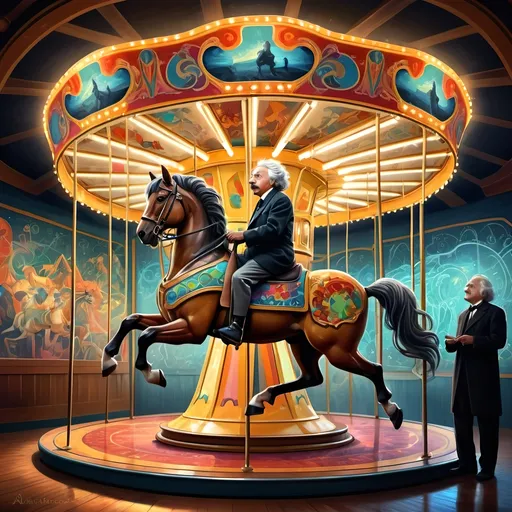 Prompt: Carousel of Science, (vibrant art deco style), (highly detailed) digital painting, Albert Einstein on a carousel, horse riding in front, intricate chalkboard in the background, colorful geometric patterns, dynamic composition, sharp lines, depth in shadows and highlights, ultra-fine details, captivating atmosphere, visually striking, evoking curiosity and wonder, HD quality.