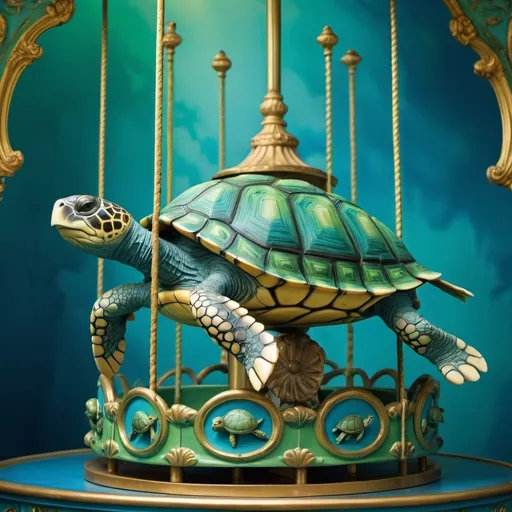 Prompt: (turtle on a carousel), (surrealist sculpture), vibrant blue and green backgrounds, intricate gold frame, whimsical and playful ambiance, Chris LaBrooy style, pop surrealism elements, ultra-detailed, high-quality texture, dreamlike scene, fusion of sculpture and photography, imaginative and creative composition.