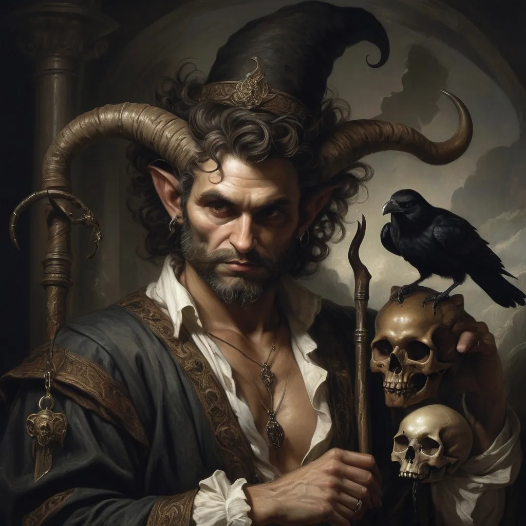 Prompt: (Renaissance still life), (man magician satyr), (dark color scheme), (elegant pose), (horns), holding a cane with skull orc, (crow perched on his shoulder), intricate details, moody ambiance, dim celestial lighting, rich textures, dramatic shadows, (stylized cane topped with a skull orb), ultra-detailed, high quality, evocative atmosphere.