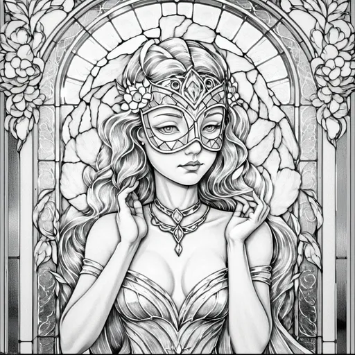 Prompt: A Seven Wonders Art Glass Studio stained glass window.  Art Deco.  woman in a mask and dress standing in front of a stained glass window with a stained glass window behind her.  (Honoring Nuit).