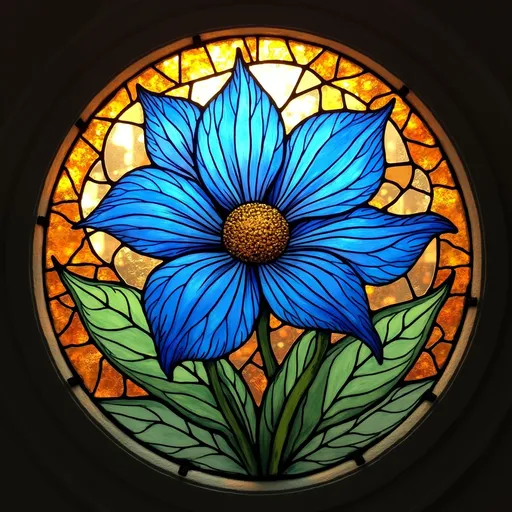 Prompt: (A Seven Wonders Art Glass Studio stained glass window), featuring a stunning blue flower at its center, (exquisite detail), influenced by Flora Macdonald Reid and the Arts and Crafts movement, (Flemish Baroque style), rich texture, intricate designs, warm and vibrant colors illuminating the glass, glimmers of sunlight reflecting through, creating a captivating ambiance, (ultra-detailed), (high quality).