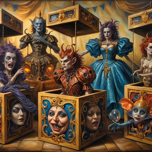 Prompt: (7 Wonders Art Glass Studio), (oil painting), demons as jack-in-the-boxes, circus setting, (highly detailed), (ultra-fine details), esoteric ambiance, dark and mysterious atmosphere, surreal colors, intricate textures, curiosity sparks, vivid contrasting shadows, ethereal lighting, artistically whimsical exhibits, hauntingly beautiful, capturing the essence of Nuit.