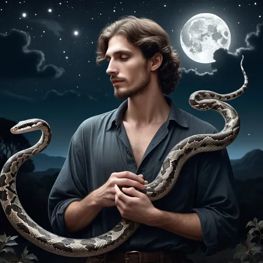 Prompt: (ultra realistic illustration), man holding a snake, (Adam Manyoki), set against a breathtaking night sky, twinkling stars, full moon casting a silver glow, inspired by pre-Raphaelitism, dramatic contrasts, intricate details, ethereal ambiance, perfect for an album cover, haunting yet captivating, rich textures, HD quality, seamless blend of elements.