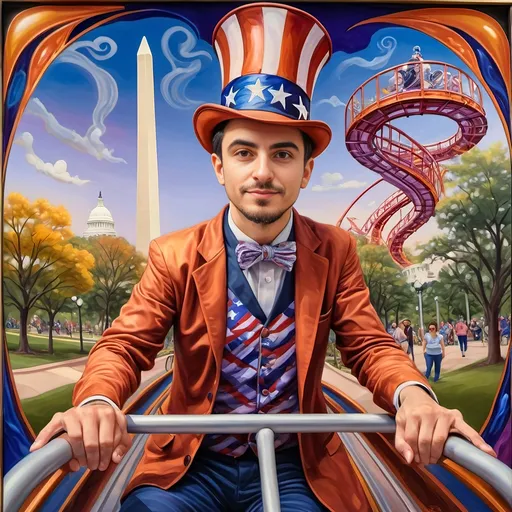 Prompt: A (masterful) Seven Wonders Art Glass Studio painting, depicting a (charming) magician man in a (patriotic) top hat, joyfully riding a rollercoaster in Liberty Park, featuring vibrant colors and whimsical elements, with a prominent Washington Monument in the background, intricately integrated with the phrase (accurately spelled text "Yankee Doodle"), all while encapsulating the theme of (honoring Nuit and the Aeon of Horus), ultra-detailed, colorful and dynamic atmosphere.