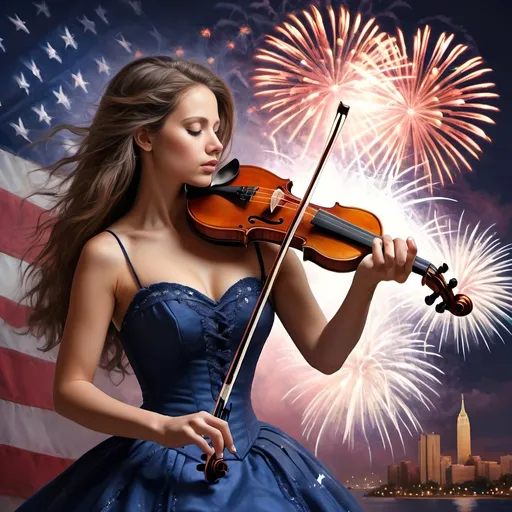 Prompt: (accurately spelled text "the violin is a symbol of the united states of the united states, Americo Makk, american romanticism"), (violin), renaissance style, (highly detailed digital art), fireworks background, pastel color scheme, vibrant hues, dynamic composition, patriotic theme, emotional ambiance, subtle elegance, masterful rendering, ultra-detailed, cinematic depth, art piece rich in symbolism.